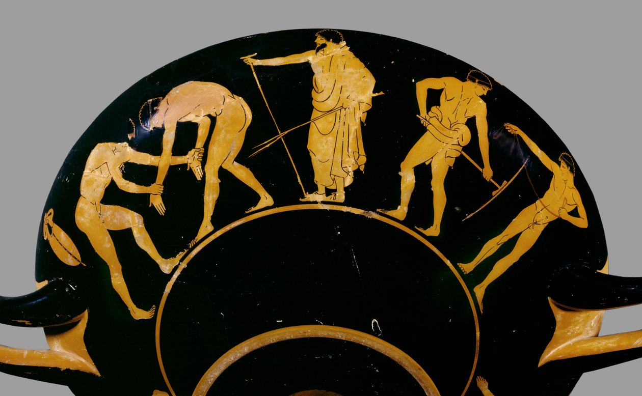 Atensk kopp med röda figurer; skildring av en tränare med brottare och andra idrottare, 480 f.Kr. (keramik) av Greek