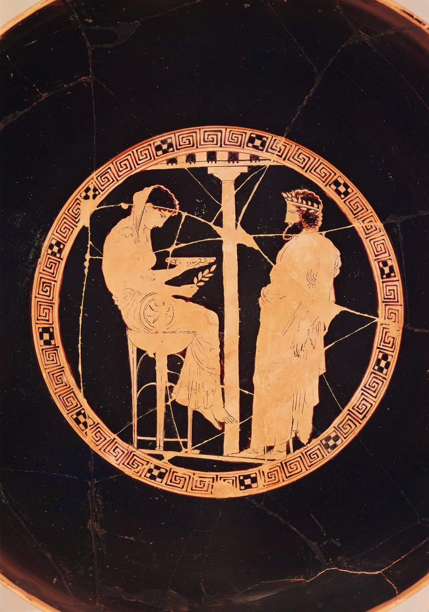 Atensk rödfigur kylix föreställande Aegeus, kung av Aten, konsulterande Delphic Oracle (keramik) av Greek