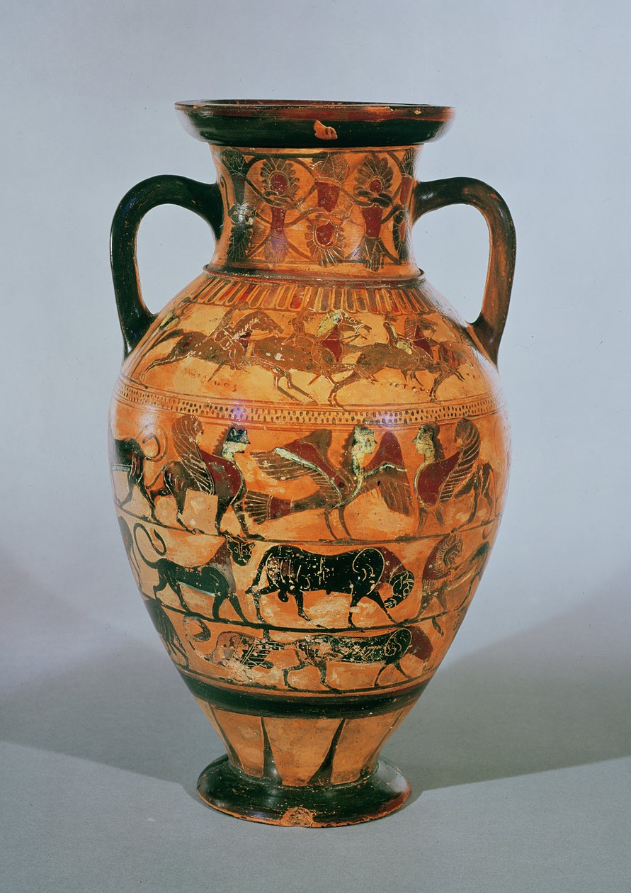 Attic svartfigur amfora dekorerad med djur, hästar och ryttare och fantastiska djur (keramik) av Greek