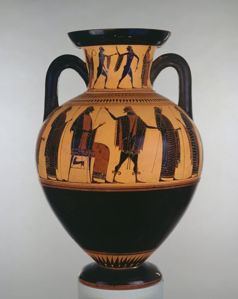 Attisk svartfigurig amfora dekorerad med scener av Zeus och Hermes, av målaren Affecter, ca 540-525 f.Kr. (keramik) av Greek