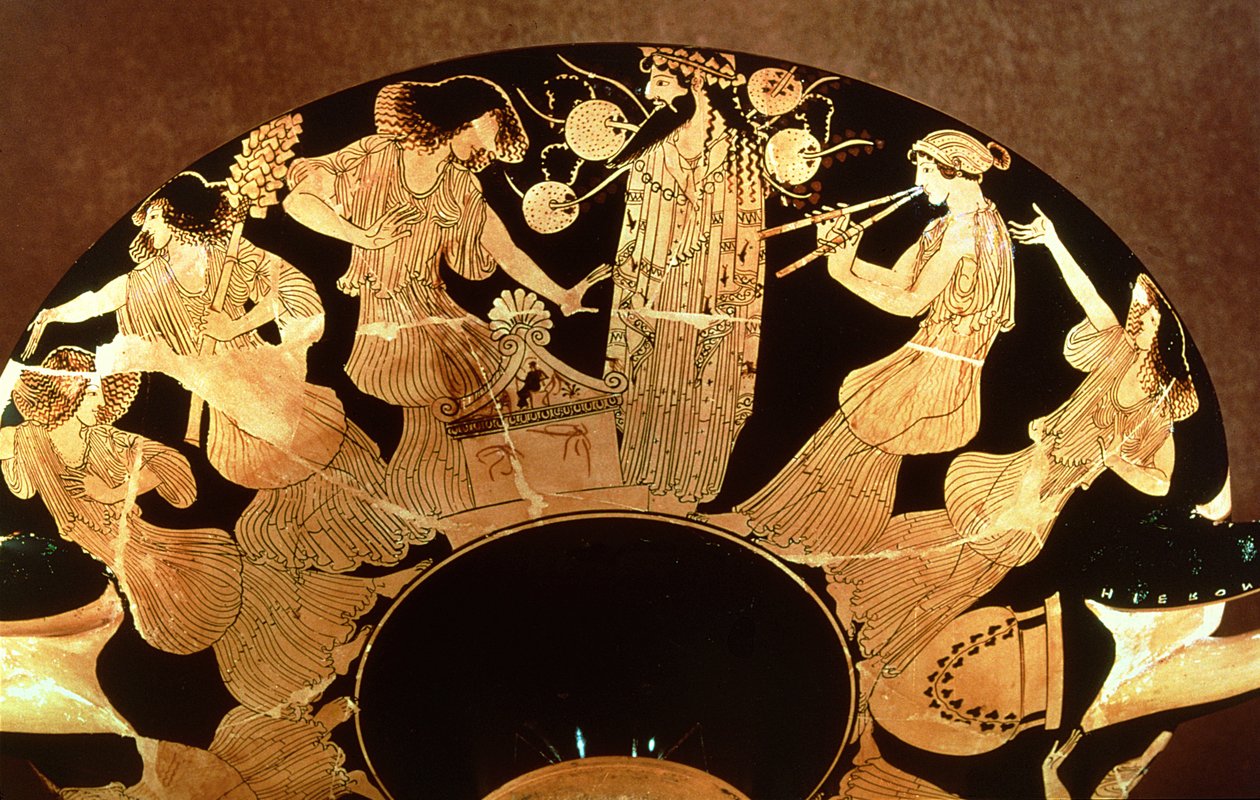 Attic röd figur kylix föreställande Dionysos och Maenads, av målaren Makron, c.490-80 f.Kr. (keramik) av Greek