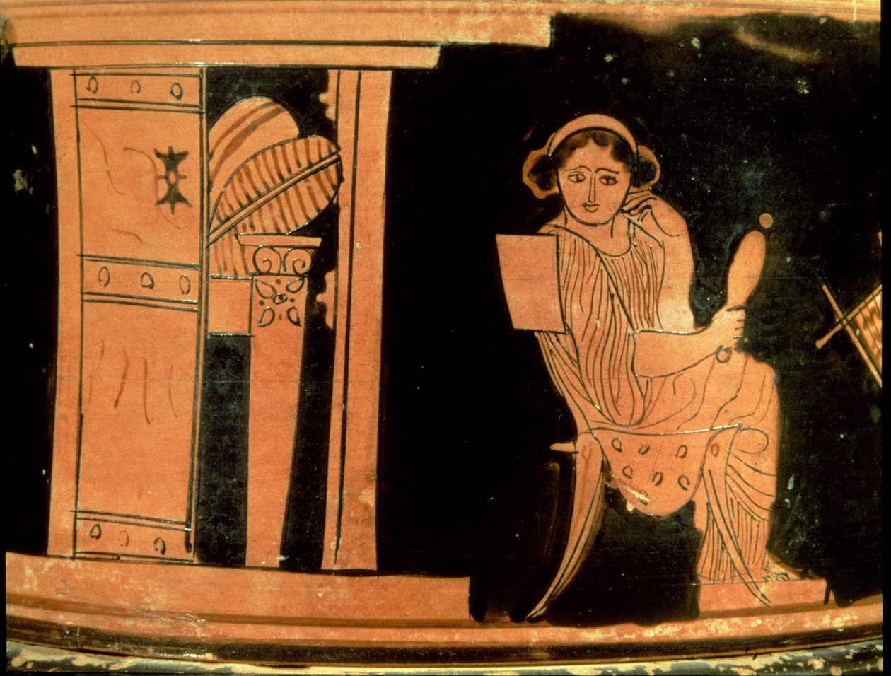 Attic röd figur pyxis föreställande en brud, 500-talet f.Kr. (keramik) av Greek