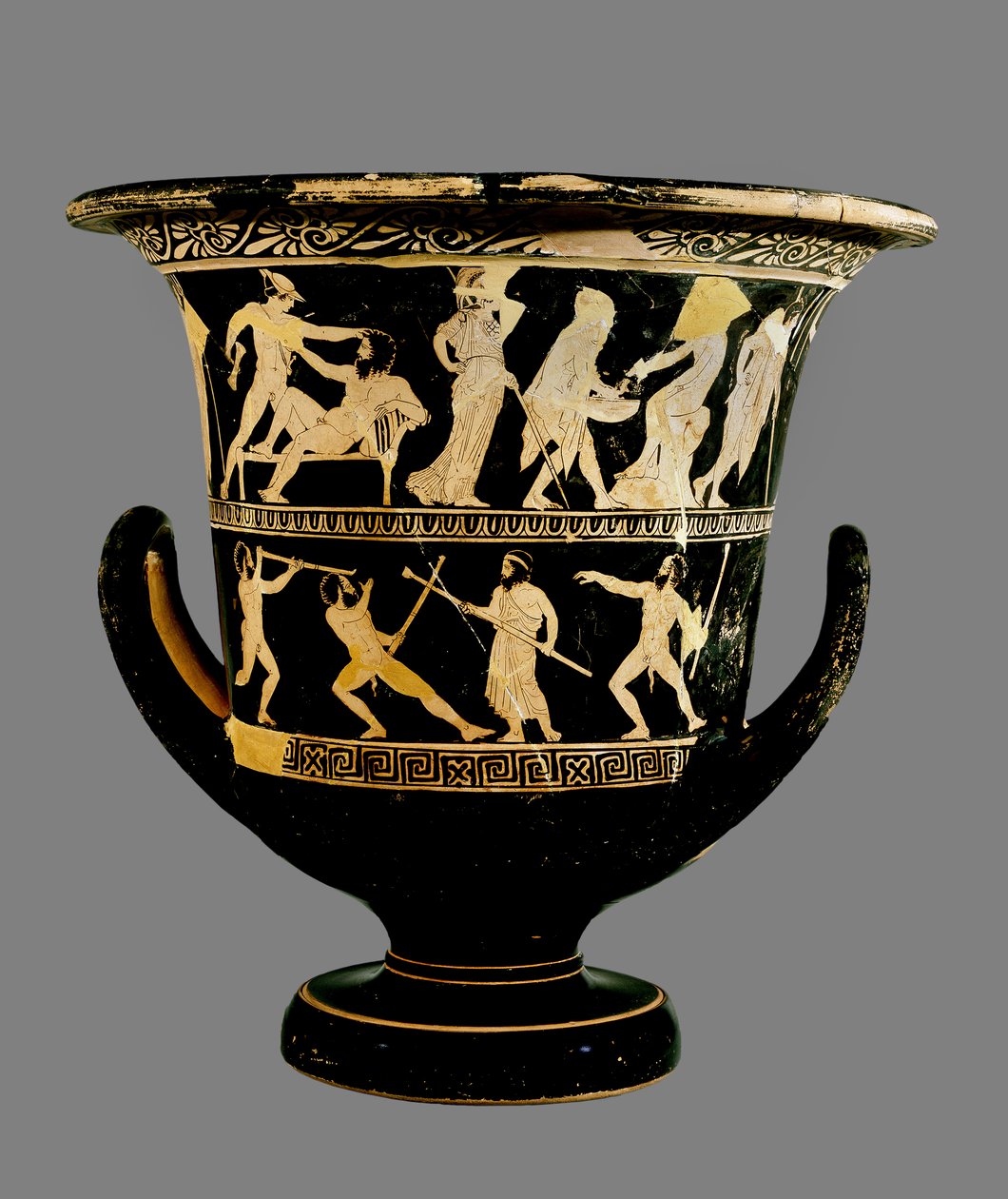 Attisk röd-figur calyx-krater med två överlagrade bildfriser som visar livet för Theseus ovan och Prometheus, satyrer och andra figurer nedan, 425 f.Kr. (keramik) av Greek