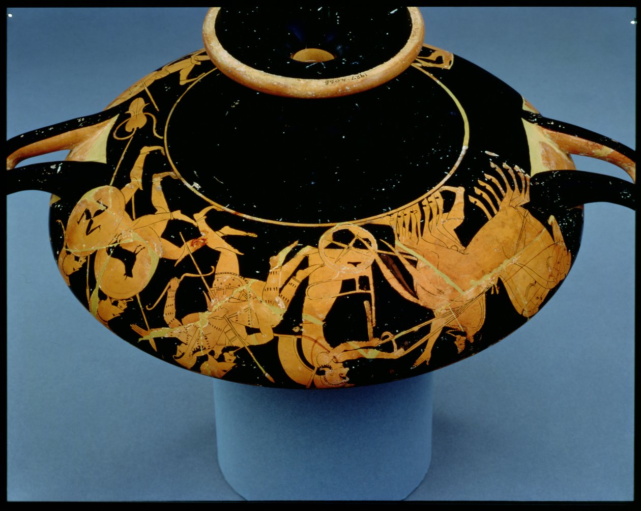 Attisk kopp med röd figur dekorerad med en vagnförare och krigare, av Oltos, ca 510 f.Kr. (keramik) av Greek