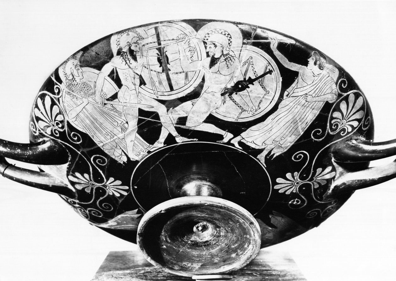 Attic bägare med röd figur som föreställer Akilles och Hector som slåss i närvaro av Athena och Apollo (keramik) av Greek