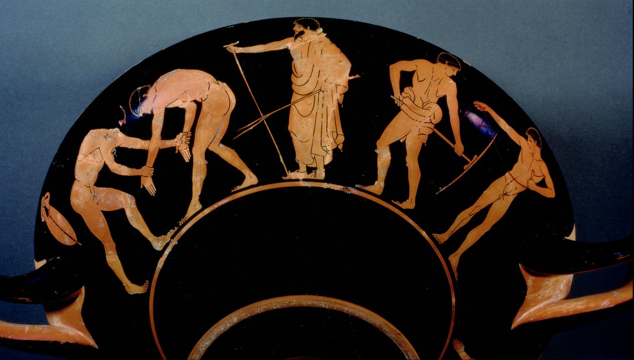 Attic rödfigur kylix som visar idrottare som tränar (keramik) (se även 103375) av Greek