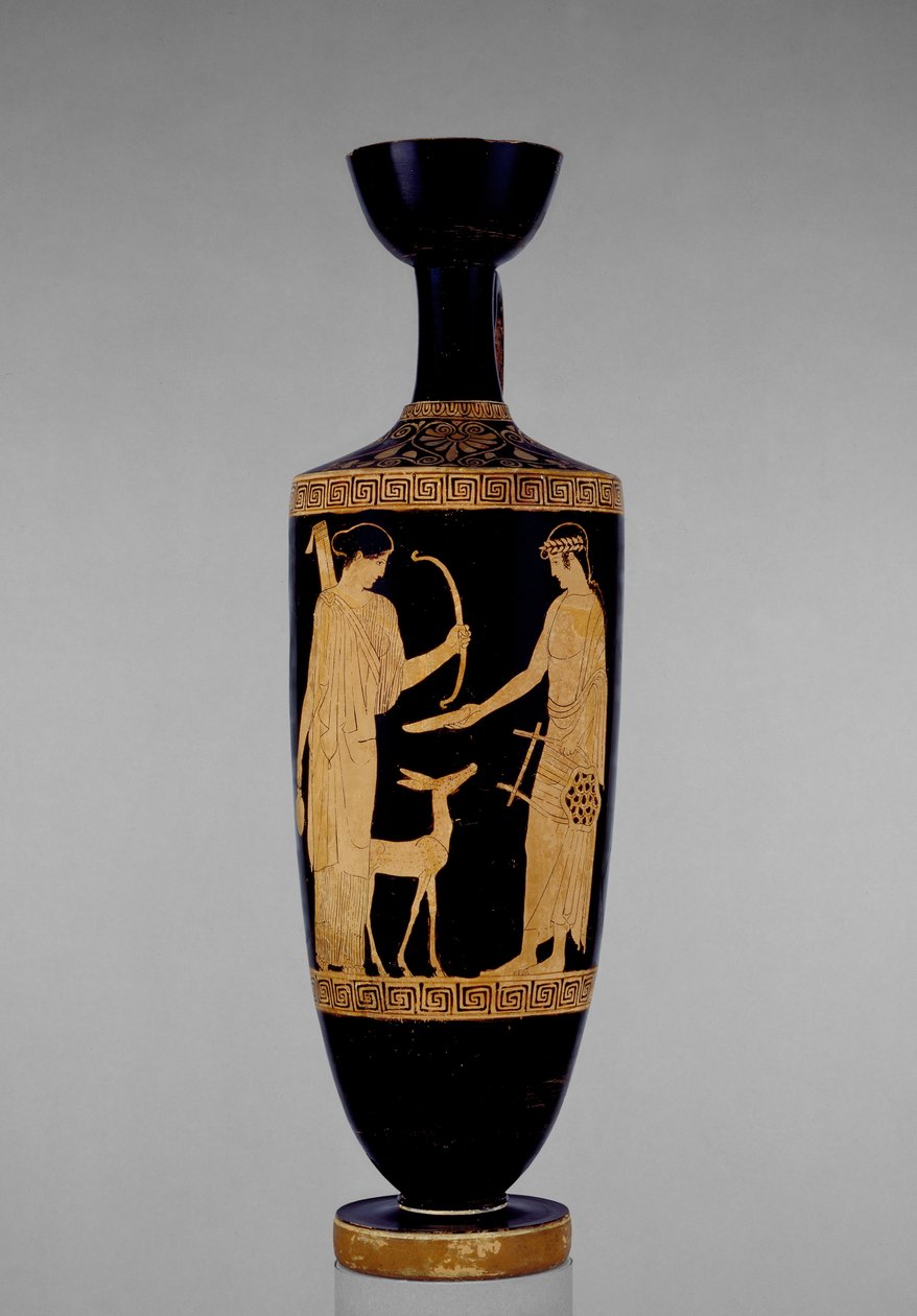 Attic rödfigur lekythos dekorerad med Apollo och Artemis med en hjort, 500-talet f.Kr. (keramik) av Greek