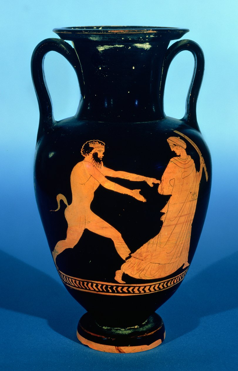 Attisk nolan-amfora med röd figur, dekorerad med en dam som jagas av en satyr, c.450-440 f.Kr. (keramik) av Greek