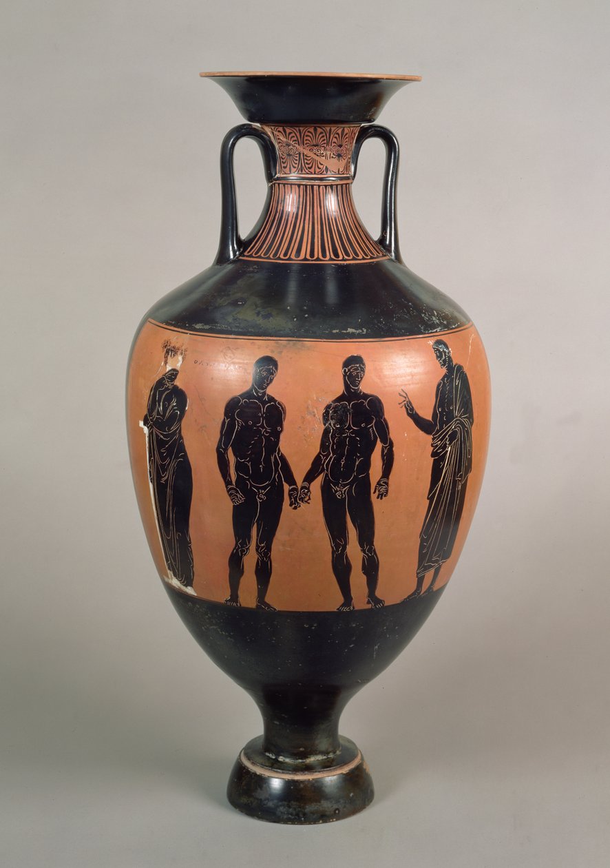 Svartfigur Panathenaic-prisamfora, föreställande två boxare, en tränare och Olympias, Attic, grekiska, 340-339 f.Kr. (keramik) (se även 120115) av Greek