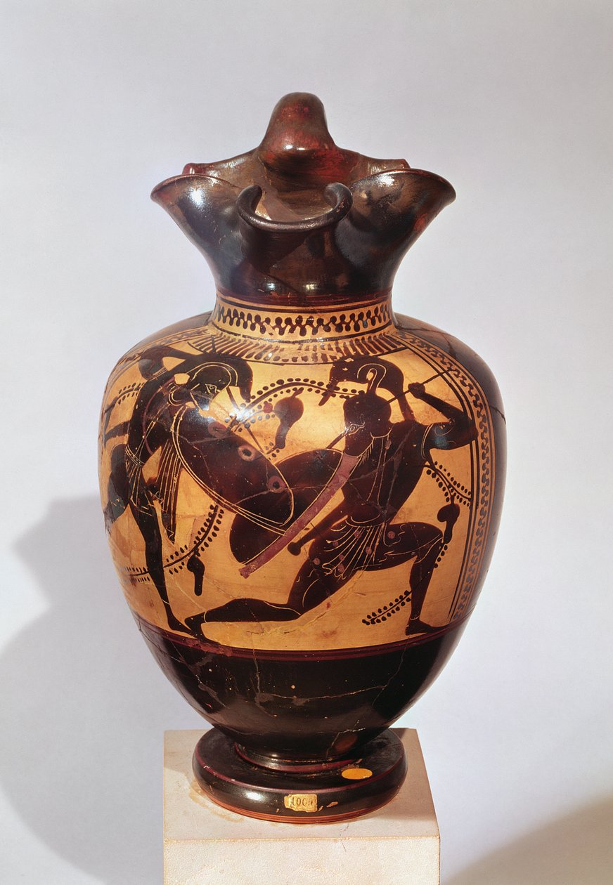 Oinochoe med svart figur dekorerad med krigare, ca 530-520 f.Kr. (keramik) av Greek