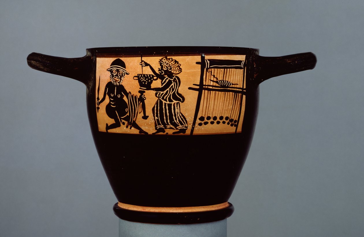 Boeotisk skyfos med svart figur, dekorerad med en scen där Odysseus får en drogad dryck av Circe, från Mystae-målarens verkstad, från Thebe, Boeota, sent 500-tal f.Kr. (keramik) (r av Greek