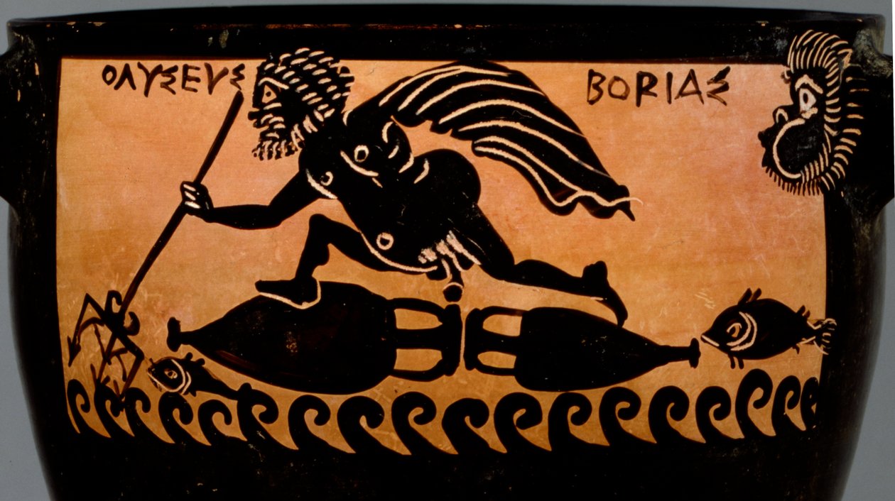 Boeotisk skyphos med svart figur, dekorerad med en scen där Odysseus blåses över havet av Boreas, från Mystae-målarens verkstad, Thebe, Boeotia, sent 500-tal f.Kr. (keramik) (detalj av Greek