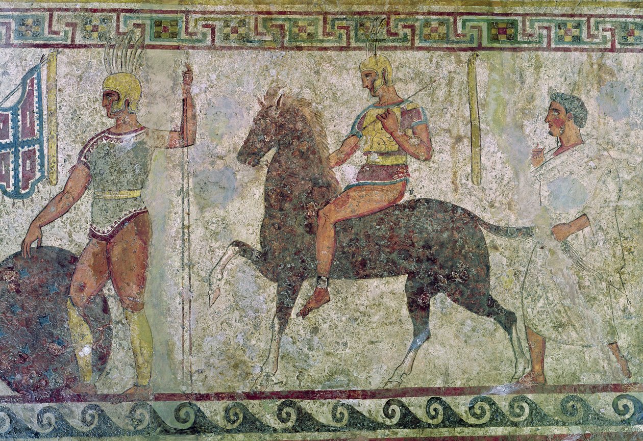 Kavallerist och en fotsoldat, gravmålning från Paestum av Greek
