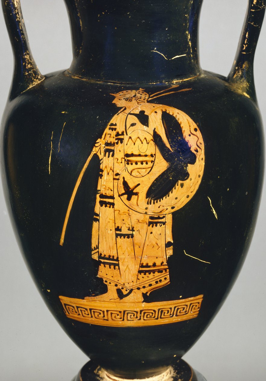 Detalj från en attisk röd-figur hals amfora av en krigare figur (keramik) av Greek