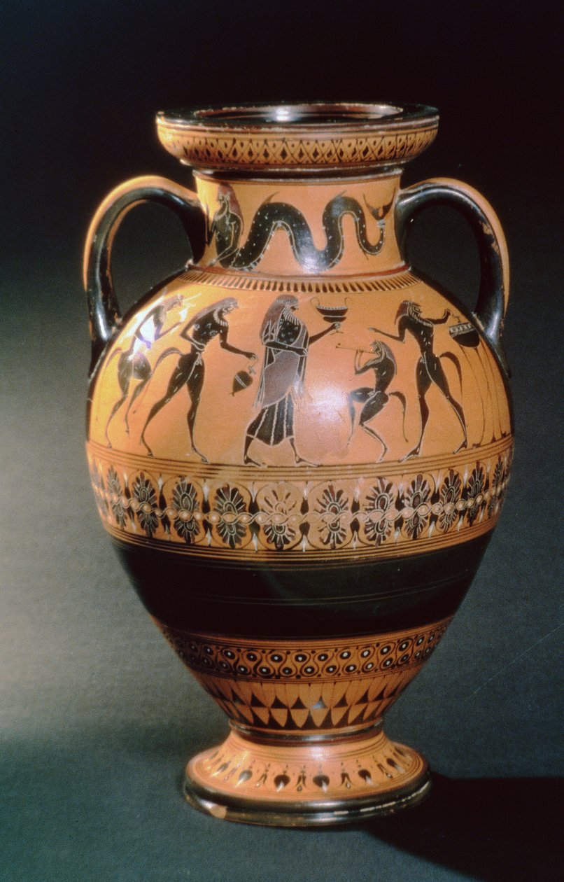Jonisk svart figuramfora, föreställande en sjöman och en offerritual, ca 540-530 f.Kr. (lergods) av Greek