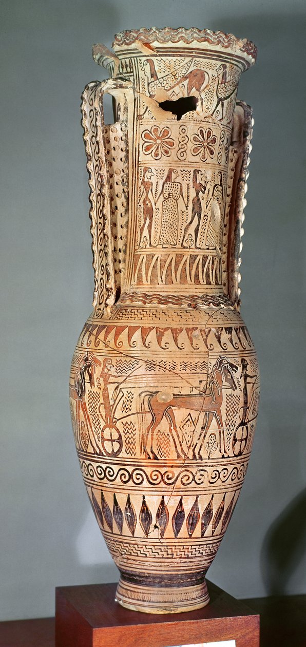 Loutrophoros föreställande en sfinx, olika figurer och en parad av vagnar, Proto-Attic, c.690 f.Kr. (keramik) av Greek