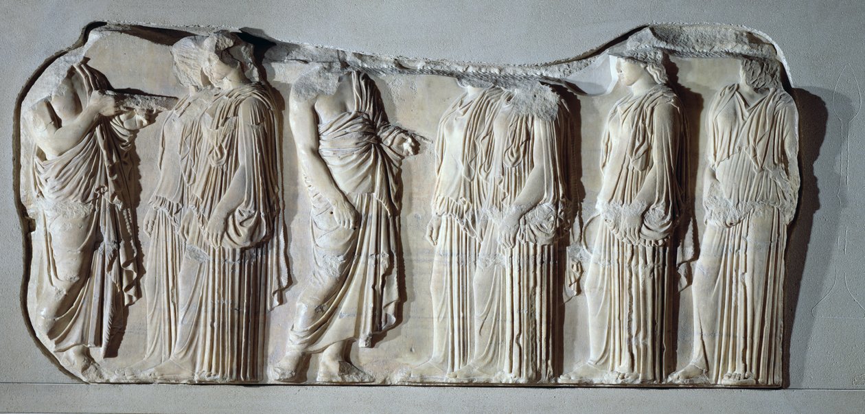 Arrangörer och ergastiner (peplosbärare), sektion av den stora panatheniska processionen från Parthenons östfris, c.442-438 f.Kr. (marmor) av Greek
