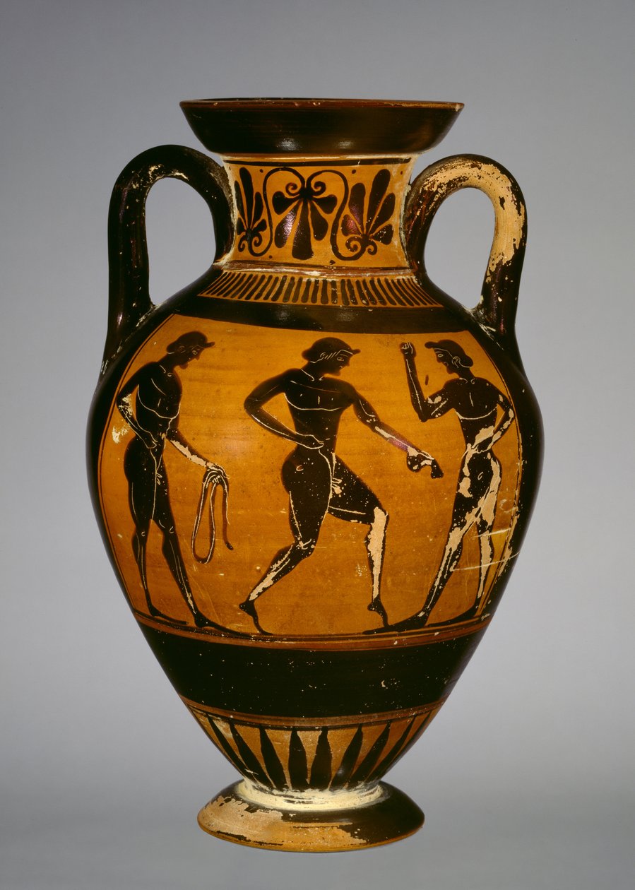 Panathenaisk amfora med tre idrottare (keramik) av Greek