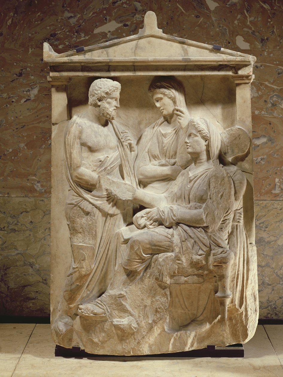 Phainippos och Mnesarete gravsten som visar familjeåterförening och handslag, Attic period, c.350 BC (marmor) av Greek