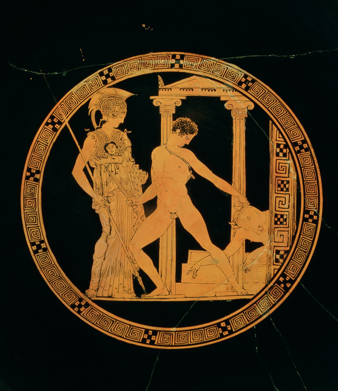 Bägare med röd figur föreställande Athena, Theseus och Minotauren (keramik) av Greek