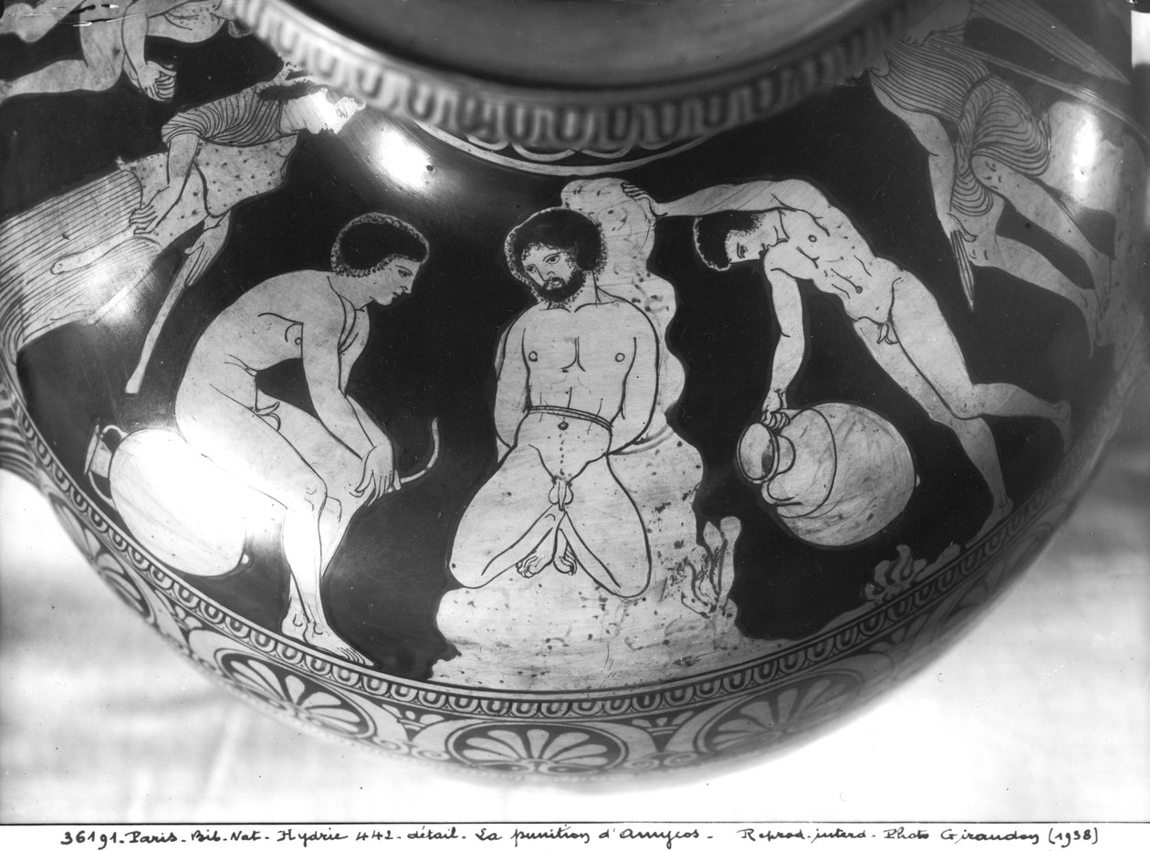 Rödfigurshydria som visar Amycus straff, 700-480 f.Kr. (keramik) av Greek