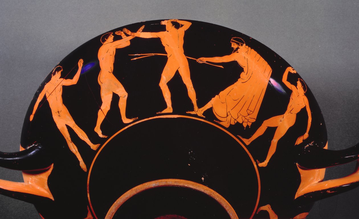 Rödfigur kylix föreställande idrottare som tränar, ca 500 f.Kr. (röd figurkeramik) (se även 103374) av Greek