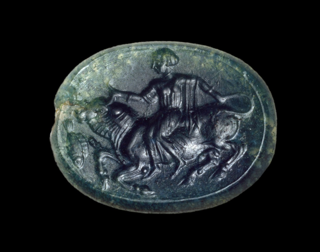 Skarabé föreställande Europa och tjuren, grekisk från Cypern, sen arkaisk tid (jade) av Greek