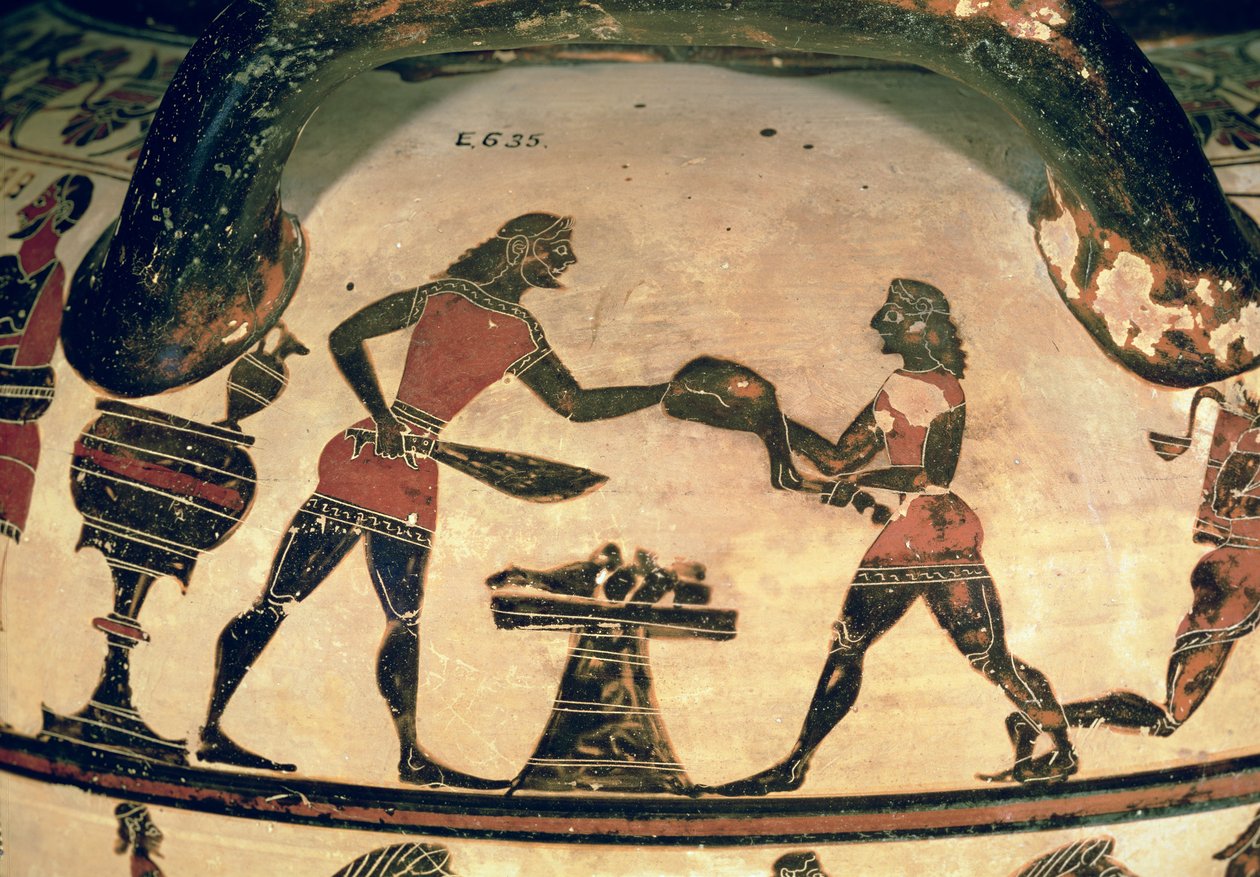 Tjänare som förbereder mat för ett symposium, detalj från en tidig korintisk kolonnkrater med svart figur, från Cerveteri, ca 600 f.Kr. (keramik) (se även 92578) av Greek