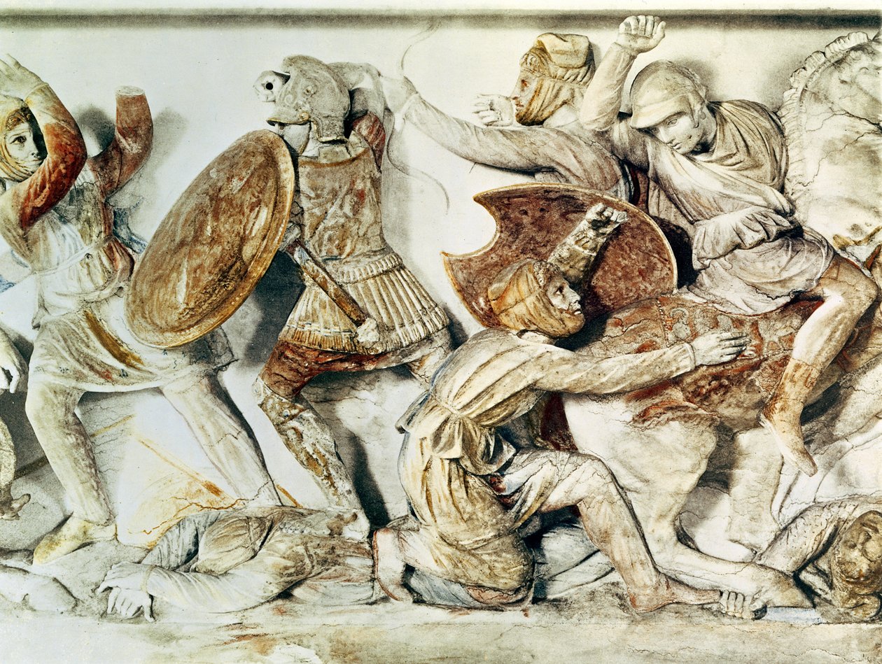 Alexandersarkofagen som visar en stridsscen, c.325-300 f.Kr. (väggmålning) av Greek