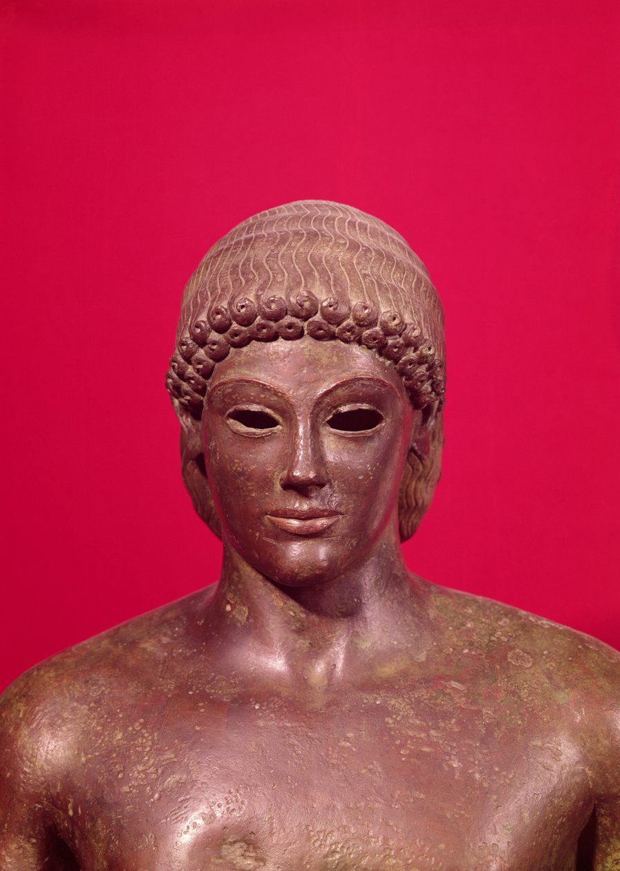 Apollon av Piombino, detalj av statyns huvud, funnen i Benevento, grekiska, c.480 f.Kr. brons, se även 98014-16 & 177203 av Greek