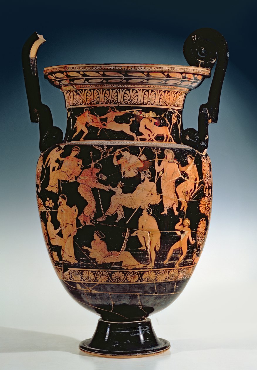 The Birth of Dionysos, Proto-Apulian rödfigur krater, sent 400-tal f.Kr. - tidigt 400-tal f.Kr. (keramik) av Greek
