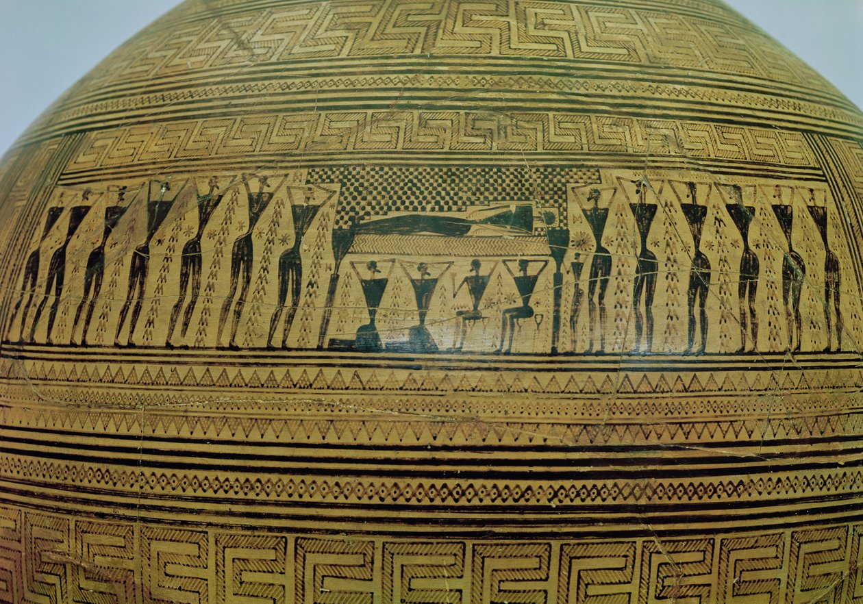 O le Dipylon Amphora, falelauasiga i le sitaili geometric mai le Kerameikos Necropolis, auiliiliga o le falelauasiga vaaiga, Athens, c.750 BC terracotta vaai 88063swed av Greek