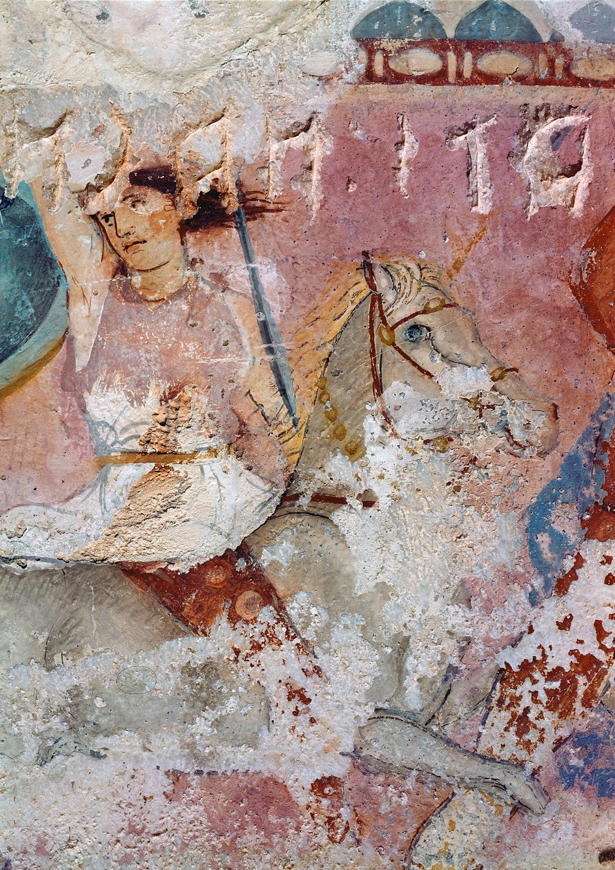Amazonas sarkofag, detalj av en ryttare, från Tarquinia tempera på alabaster av Greek