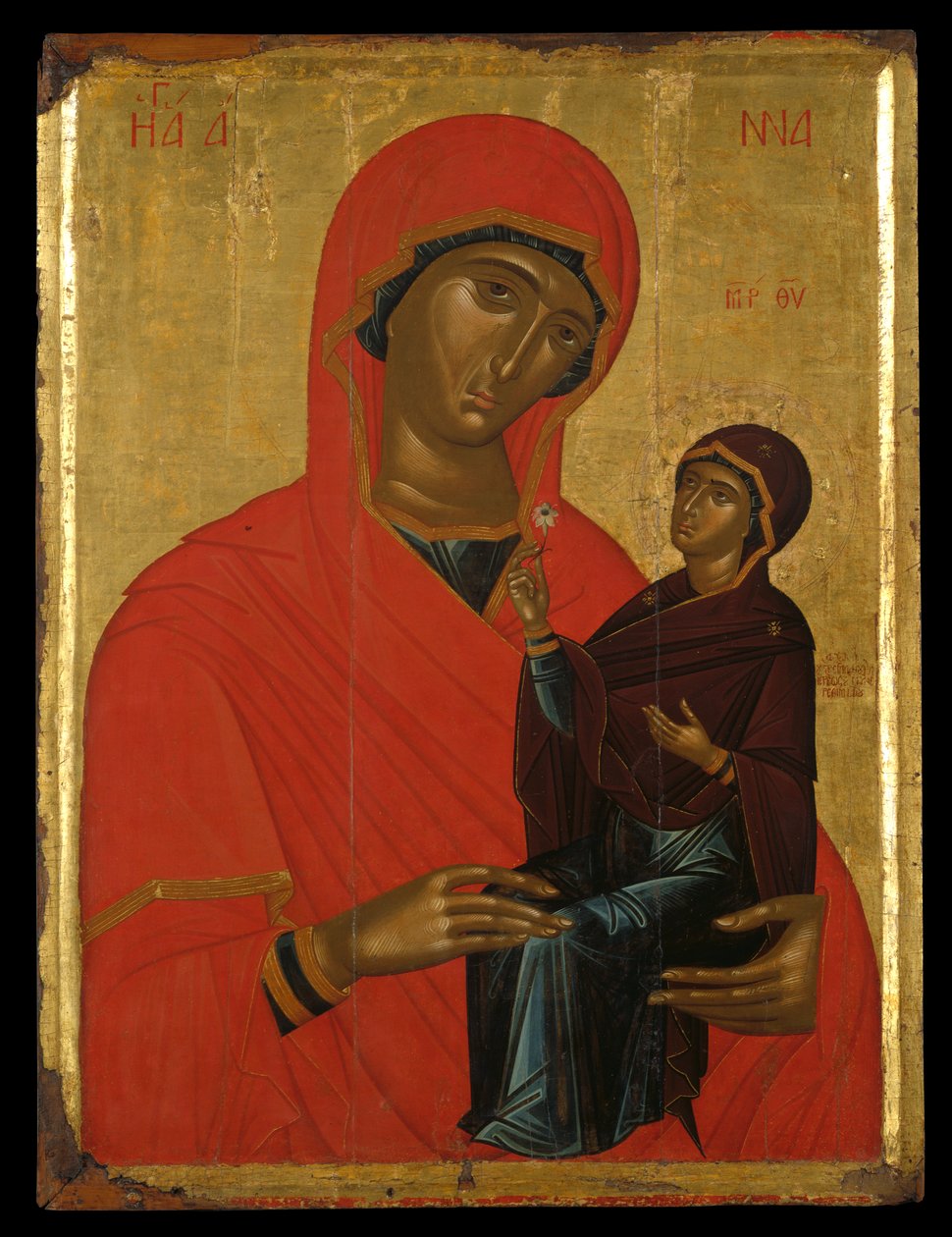 Ikon av St Anne och Jungfrun (äggtempera på panelen) av Greek School