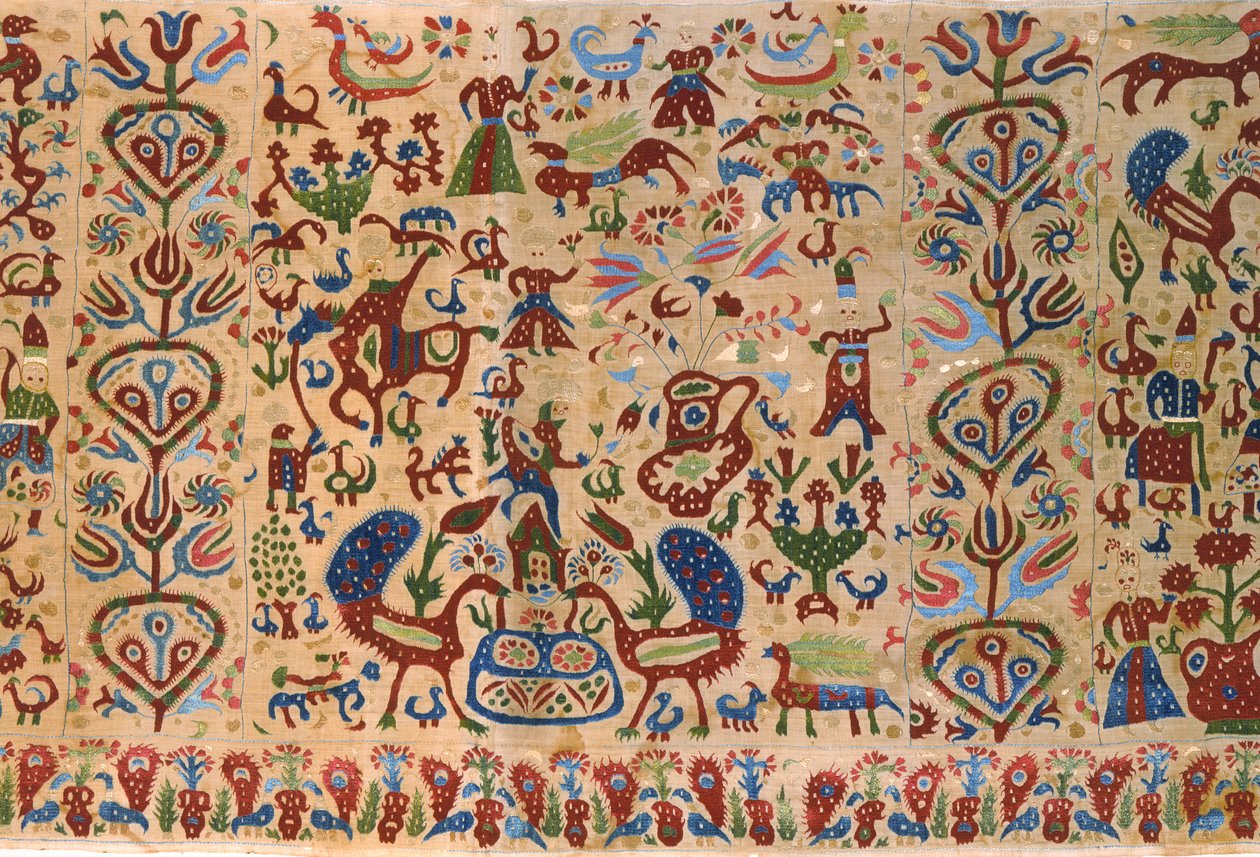 Del av en brudsäng, från Ioannina, Ipeiros (linne broderat med sidentrådar) (detalj) (se även 271904) av Greek School
