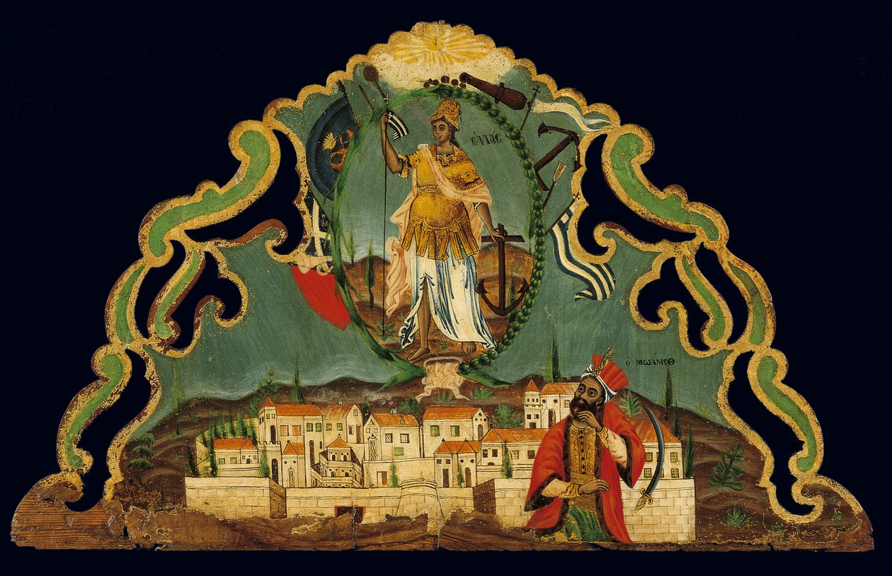 Pelmet som skildrar Greklands återfödelse ovanför en representation av Konstantinopel, från Syros, Kykladerna (äggtempera på trä) av Greek School