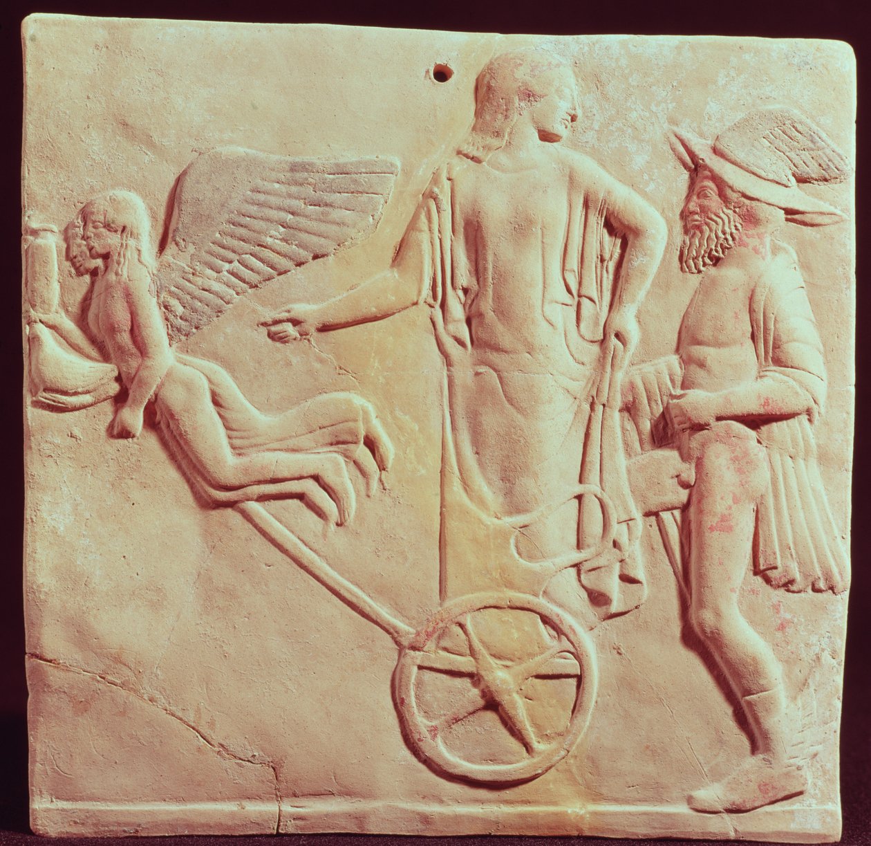 Afrodite och Hermes rider på en vagn som dras av Eros och Psyche, 470 f.Kr. (terrakotta) av Greek