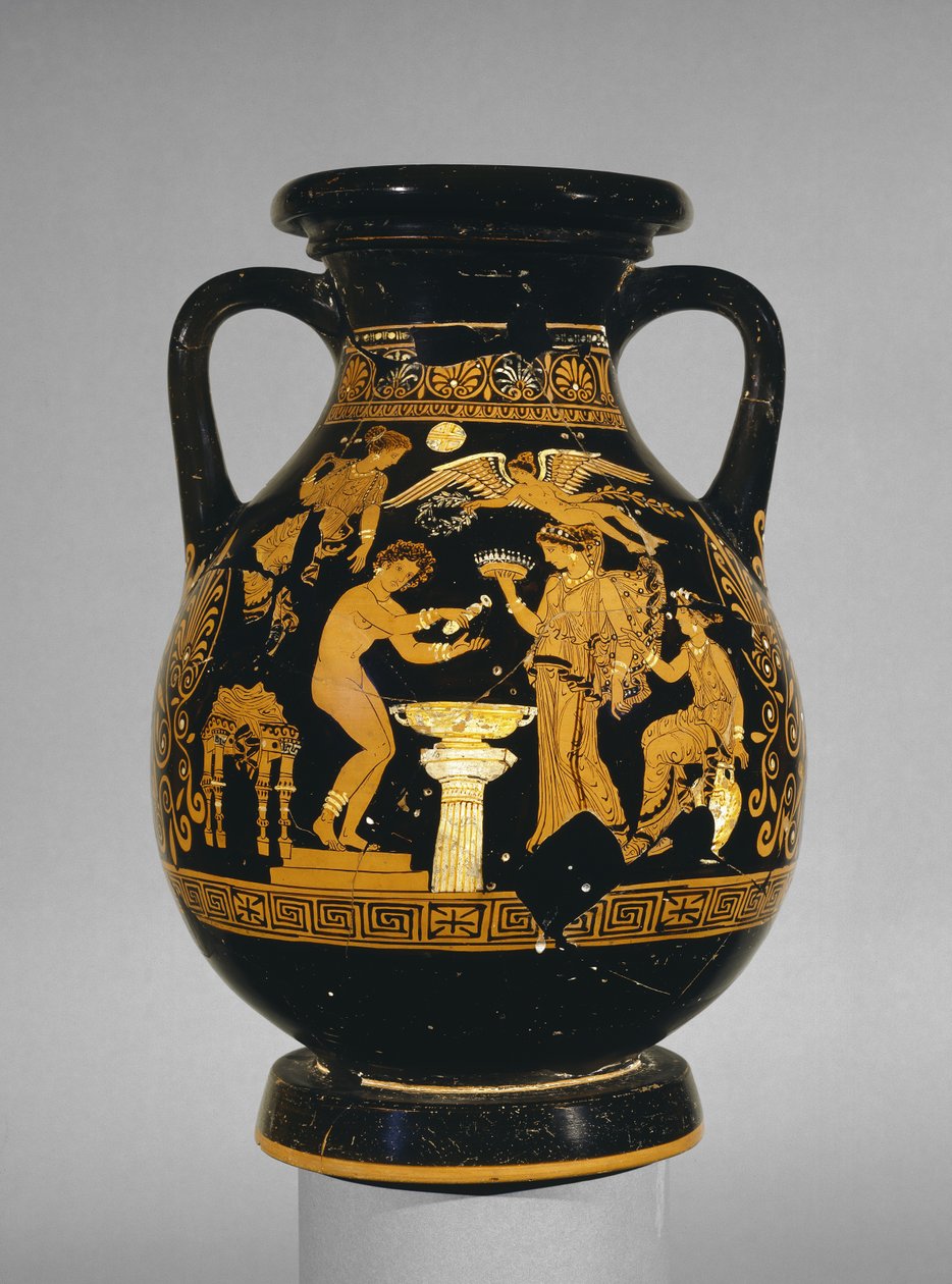 Apuliens röd-figur pelike dekorerad med en scen av en brud vid hennes toalett, Suckling Group, hittad i Basilicata, c.375-350 f.Kr. (keramik) av Greek