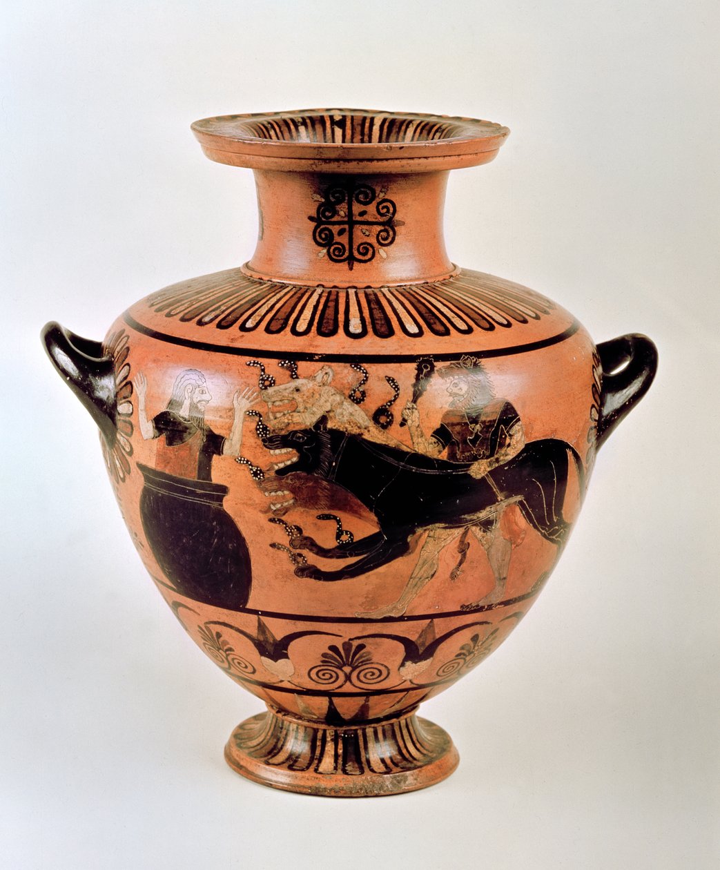 Arkaisk jonisk hydria som visar Herakles som förde Cerberus till Eurystheus, från Cerveteri, c.530 f.Kr. (keramik) av Greek