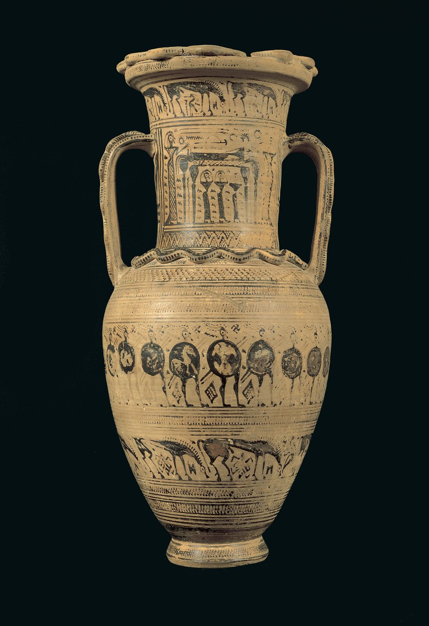 Attisk amfora, sen geometrisk II B-period (720-700 f.Kr.) (målad lera) av Greek