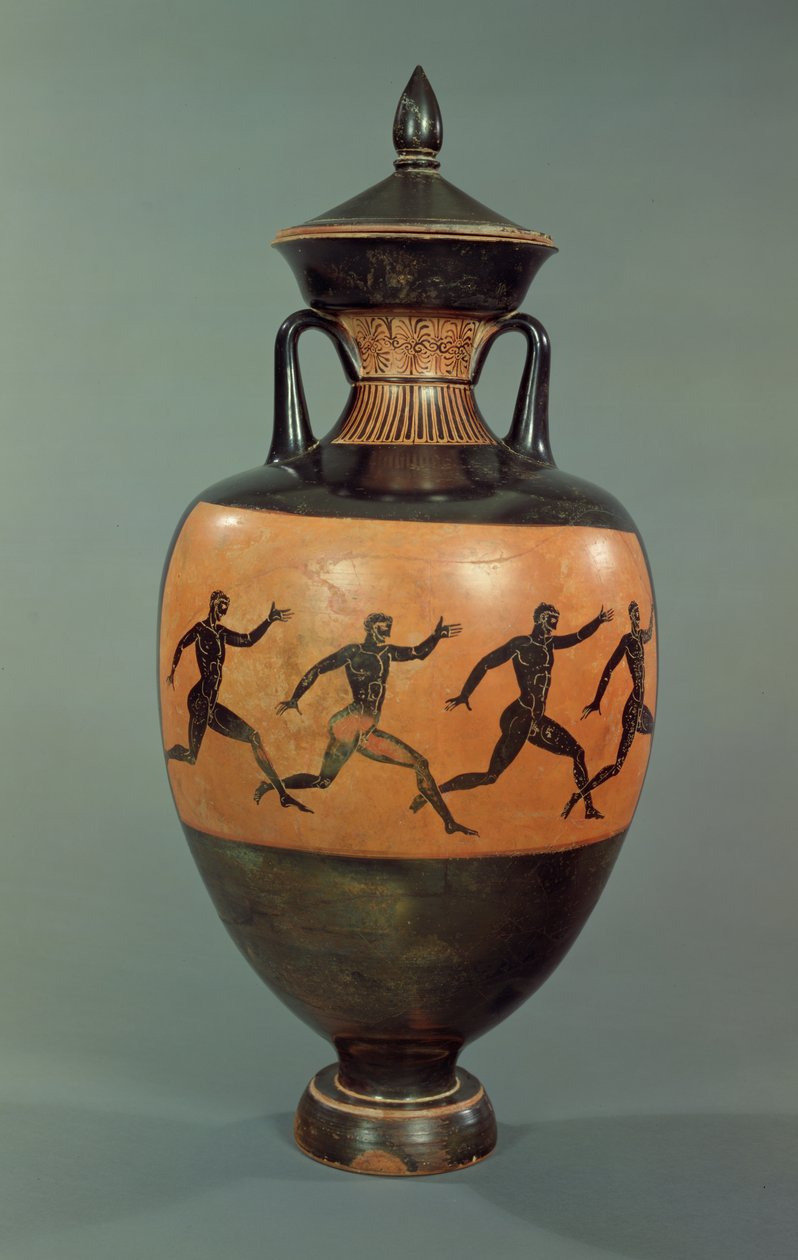 Attic svartfigur Panathenaic amfora dekorerad med springande män, 375-370 f.Kr. (keramik) av Greek