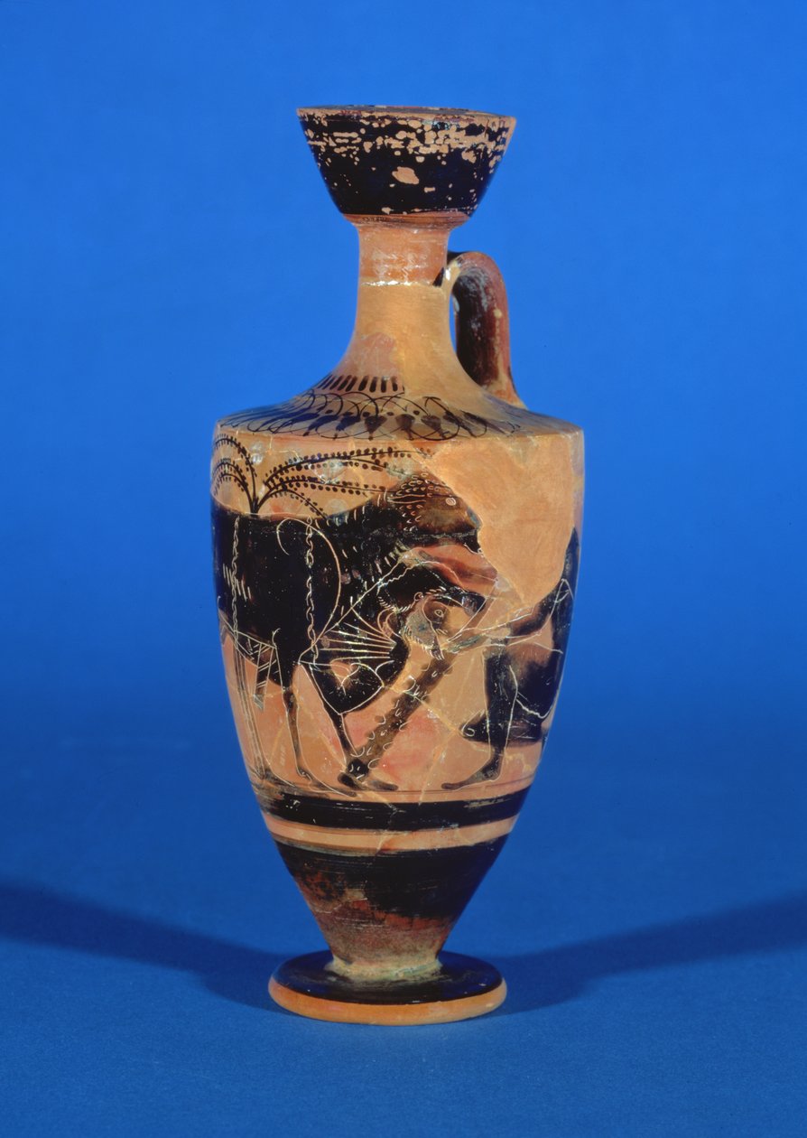 Attic svart-figur lekythos föreställande Odysseus fly Cyclops, ca. 530 f.Kr av Greek