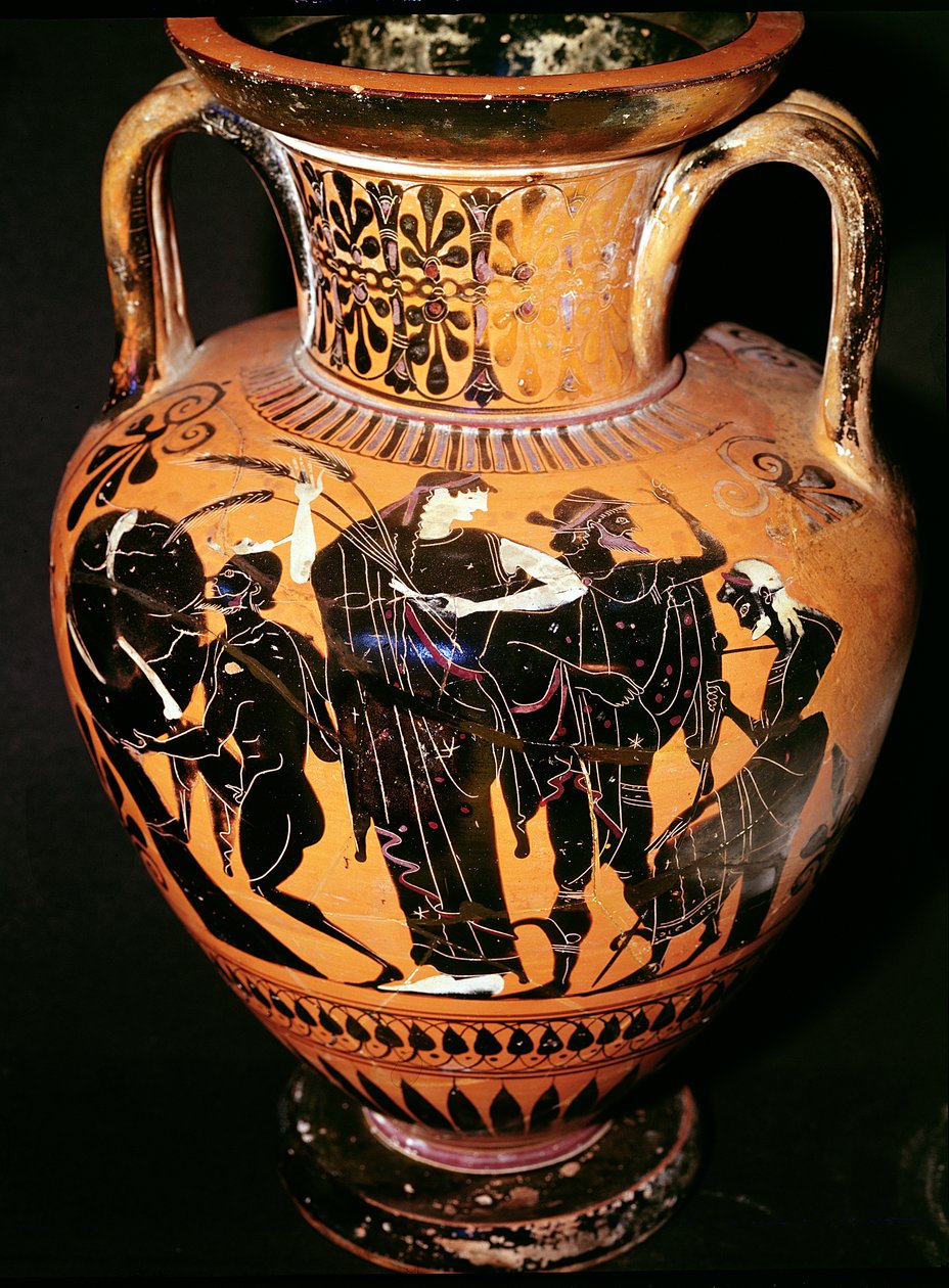 Attisk vas med svart figur föreställande Synthos, Demeter, Hermes och båtsmannen, ca 535-540 f.Kr. (keramik) av Greek