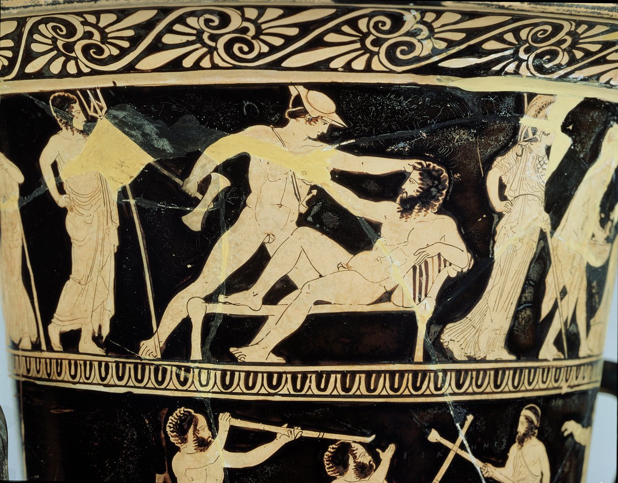 Attic röd-figur calyx-krater dekorerad med scener av Theseuss äventyr, detalj av Theseus och jätten Procrustes, av Dinos Målaren, c.425 BC keramik av Greek