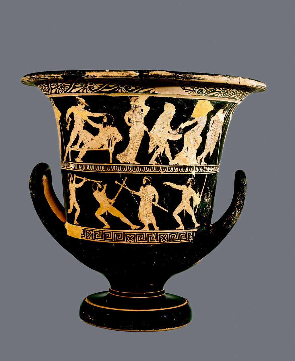 Attic röd-figur calyx-krater som visar (ovanför) Theseus gärningar och (nedan) satyrerna Sikinnis, Komos och Simos tänder facklor från kol Prometheus bär i en fänkålsstjälk, ca 420 f.Kr. (keramik) av Greek