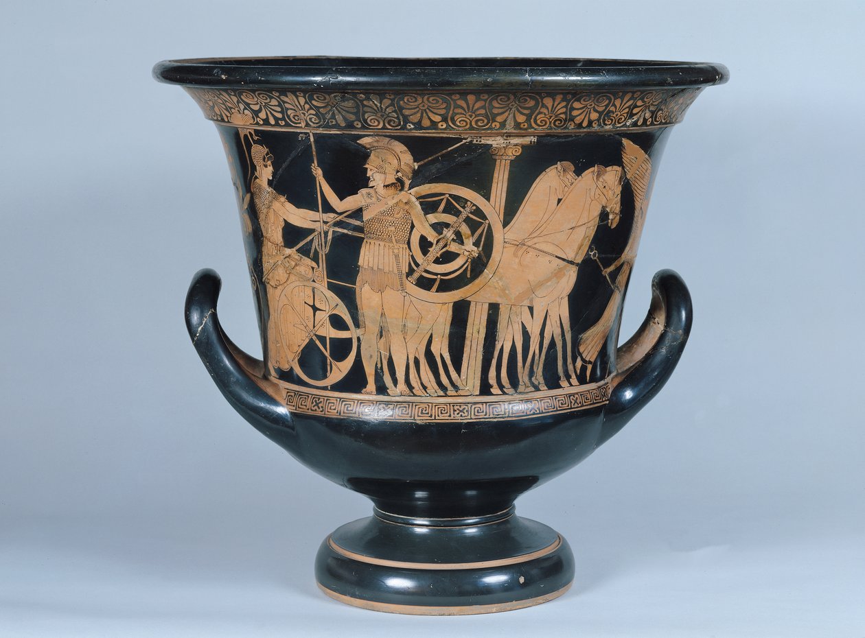 Attic röd-figur calyx krater föreställande en hoplit på väg till kriget (keramik) (se även 223268) av Greek