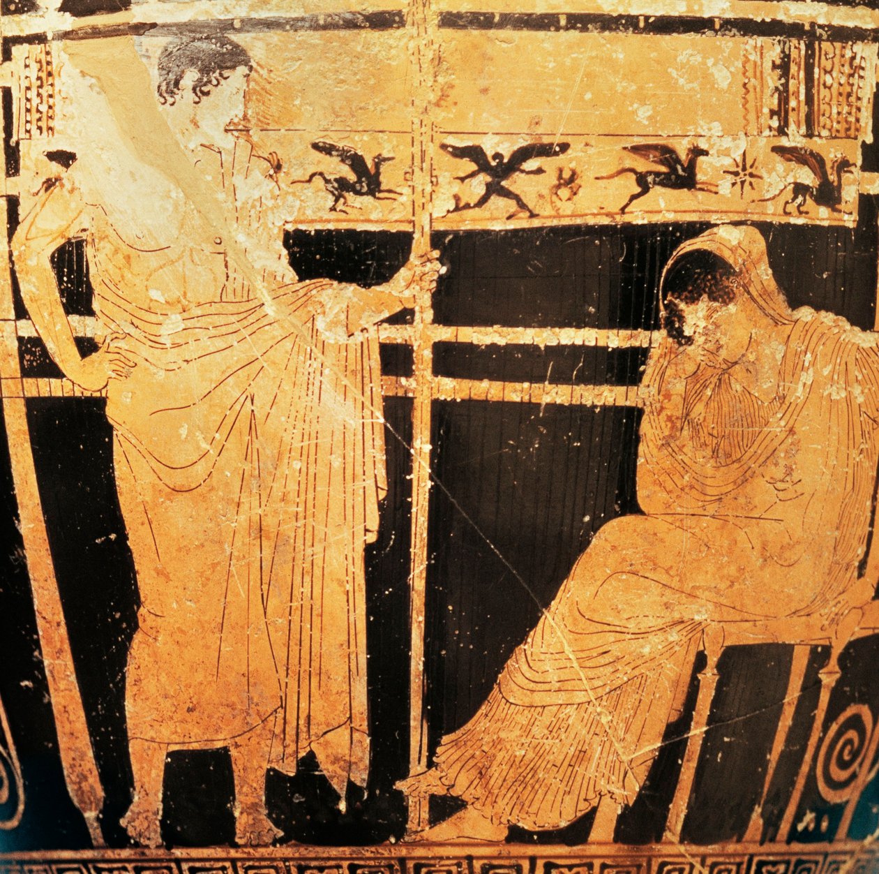 Attic skyphos av målaren av Thelemacus som porträtterar Penelope och Telemachus (röd keramik) av Greek