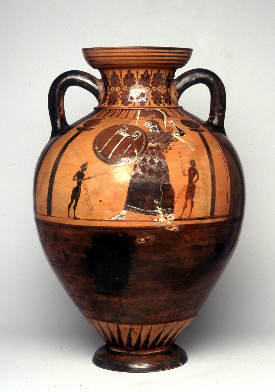 Svart figurvas föreställande Athena med sköld och spjut, 550 f.Kr. (keramik) av Greek