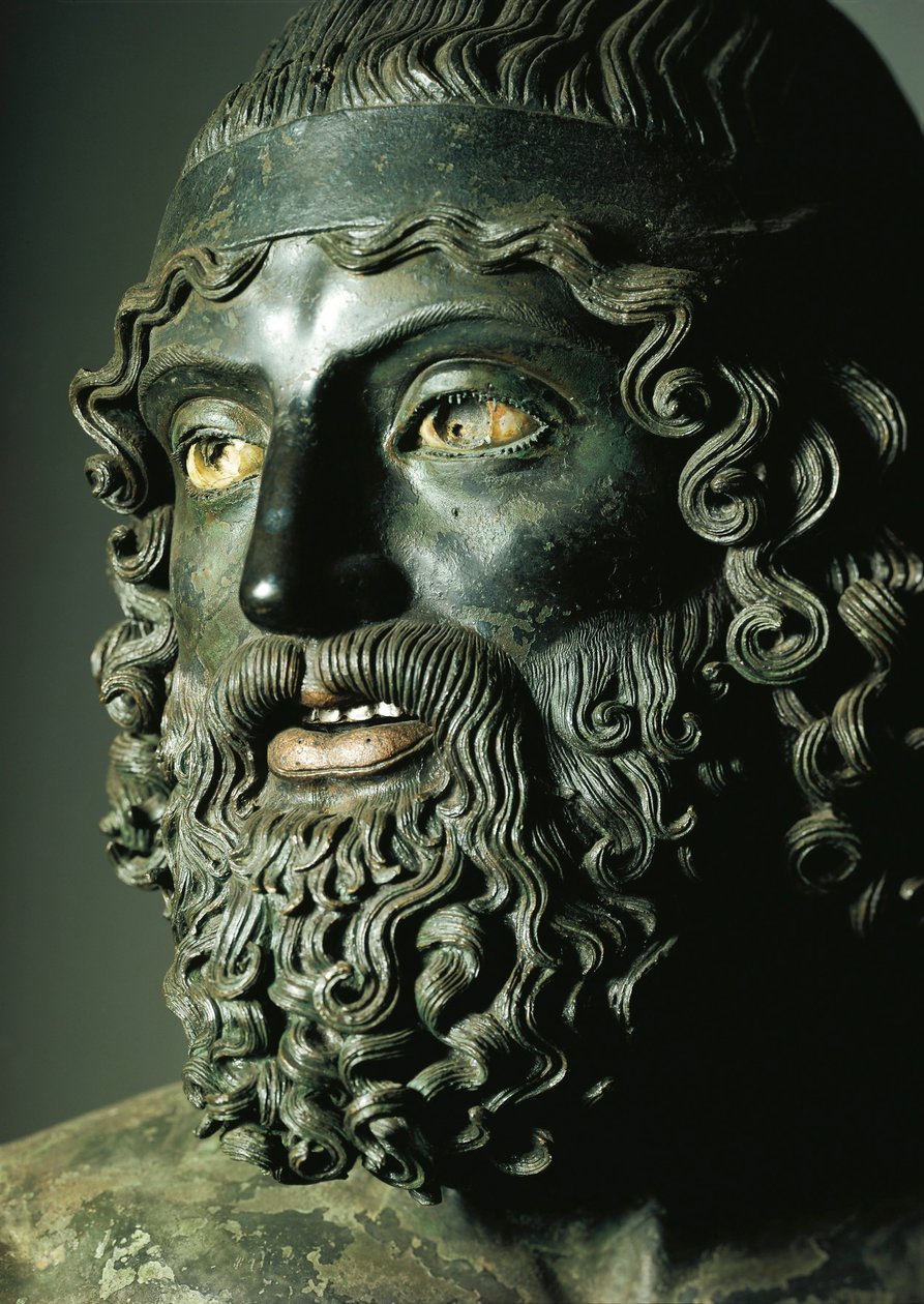 Detalj av huvudet av Staty A eller den yngre av Riace Brons (brons) f.Kr av Greek