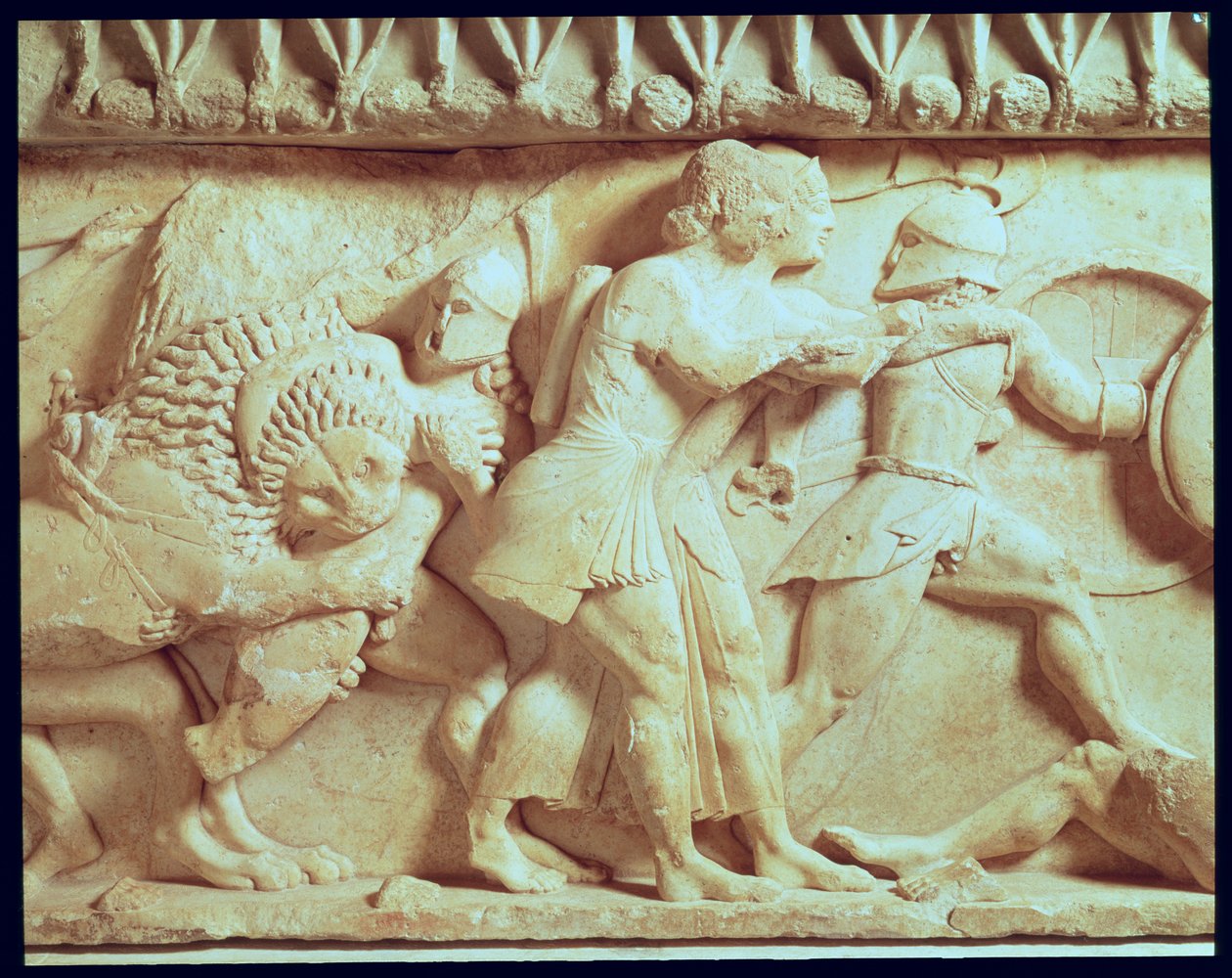 Detalj av nordfrisen i Siphnian Treasury föreställande gudar som kämpar mot jättar, ca 525 f.Kr. marmor av Greek